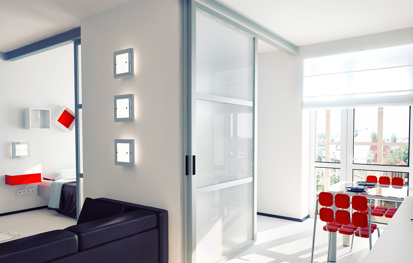 moderne Ganzglastüren, Durchblick mit außergewöhnlich individuellem Design Blick in den Flur mit Glastüren abgetrennt